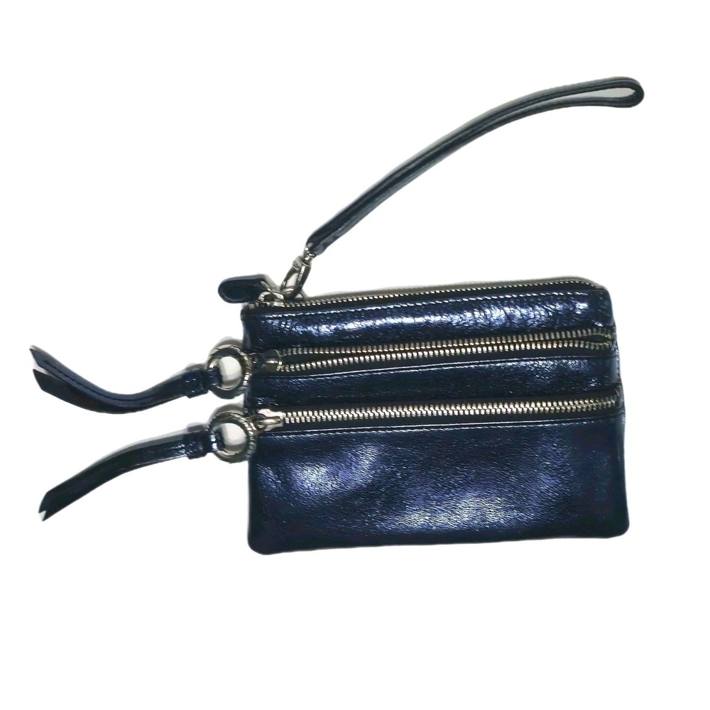 BRIGHTON‎ Triple Zip Pockets Wristlet Shimmery Blue Leather